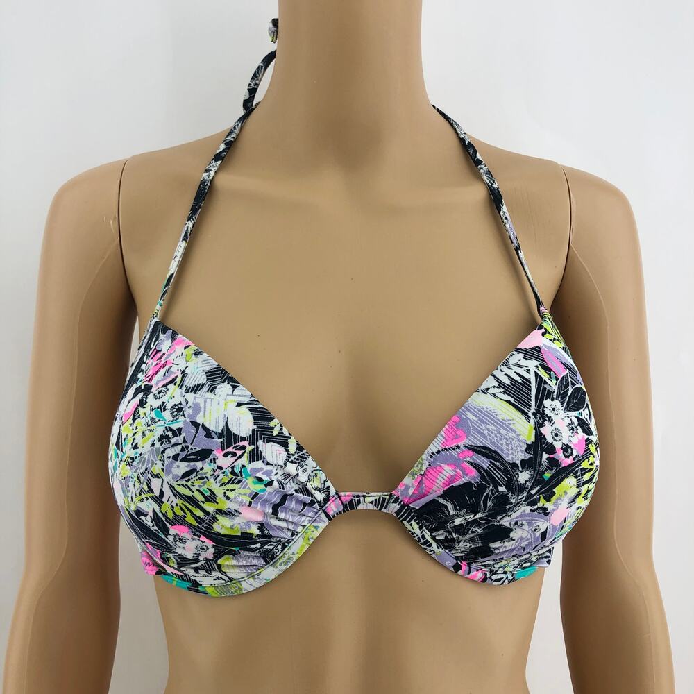 Victoria’s Secret (34C) Black Floral Strappy Neon Pastel Halter Bikini Swim Top